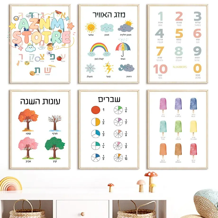 Kids Education Alphabet Numbers - (Pintura en lienzo 2D) Alfabeto hebreo,